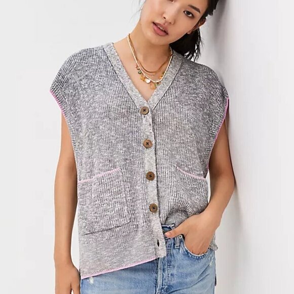 Pilcro "Washed" sweater vest academia pink trim S boxy heathered oversized - Picture 1 of 12